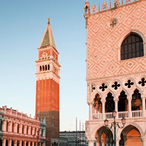 Italy, Veneto, Venice. First light on Doges palace and Campanile
