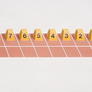 Lane number blocks arranged for straight start on racing track