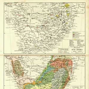 Old chromolithograph map of occurrences of exploitable minerals and geological map in south africa