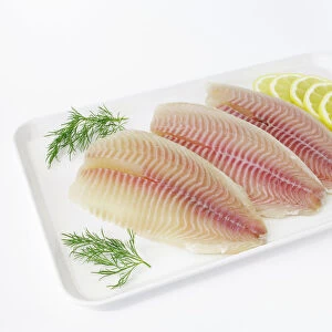 Tilapia fillets on a plate with lemon and dill