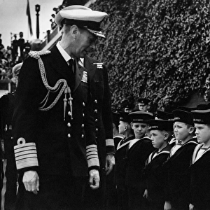 King George VI inspects Sea cadets on Navy Day at Chatham in Kent. 12 July 1948