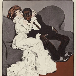 Black man looking alarmed in the embrace of a white woman (colour litho)
