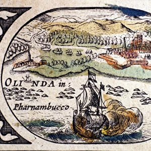 Brazil, view of Pernambuc (Recife), Atlas by W. G. Blaeu, Amsterdam 1600