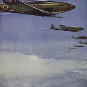 British Fairey Battle light bombers flying in formation (colour litho)