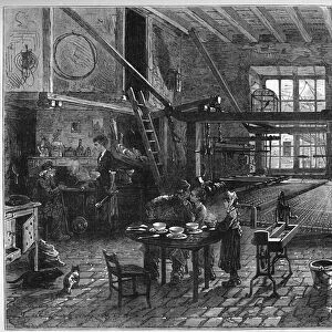 Canut workshop. Interior of a silk weaver workshop in Lyon during a crisis at the end of the 19th century. Engraving in " Le Monde Illustre" n°1039 of 10 March 1877