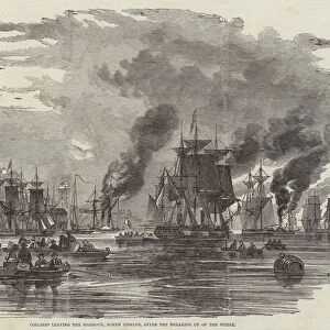 Colliers leaving the Harbour, North Shields, after the Breaking up of the Strike (engraving)