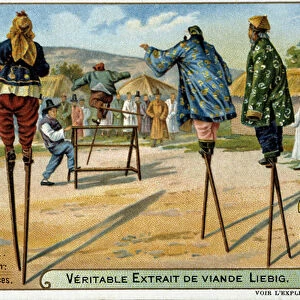 Coree: female sport of jumping on stilts - chromo Liebig, v. 1900