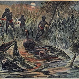 Crocodile hunt in Niger with a child for bait. Illustration in "