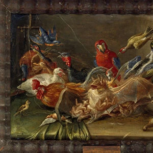 Decorative Still-Life Composition with Birds and Two Bats (oil on copper)