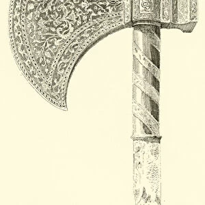 Eastern Battle-axe, richly damascened, and bearing the monogram of the Sultan Saladin, with the date 550 of the Hegira (engraving)