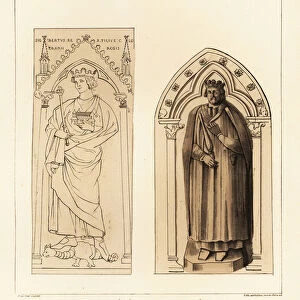 Engraved figure on the tomb of Sigebert, Sigibertus Rex, and statue of the same king in the Abbey of Saint-Medard de Soissons