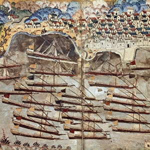 The fleet of Hayreddin Barbarossa, privateer, facing the city of Nice. 1558 (miniature)