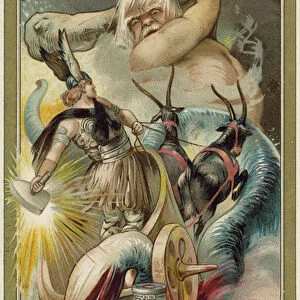 The god Thor battling the Midgard serpent and the giants (chromolitho)