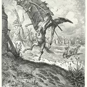 Gustave Dores Don Quixote: "The sail hurled away both knight and horse along with it"(engraving)