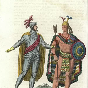 Hernan Cortes meeting Montezuma II in 1519, 19th century (print)