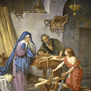 Joseph, Mary and Jesus in the carpentry