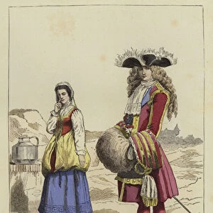 Knight of the Order of Saint Louis, reign of Louis XIV, 1693, and dairymaid, 1680 (coloured engraving)