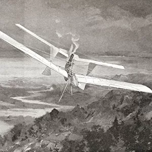 The Langley Aerodrome flying machine in flight in the 19th century. From The Strand Magazine published 1897