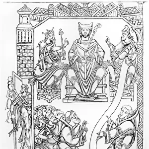 Ms 210 fol 19v. Cartulary of Mont Saint-Michel: Duke Richard II of Normandy making a gift