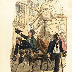One-legged sailors and sailing ship on a London street. 1831 (engraving)