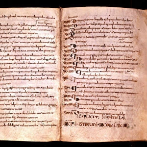 Page of a manuscript of the historical treatise "Historia langobardorum"(or Longobardorum) (History of the Lombards) by Paul Deacon (Paolus Diaconus) (circa 720-799), monk and historian Lombard. Museo di Cividale Friuli