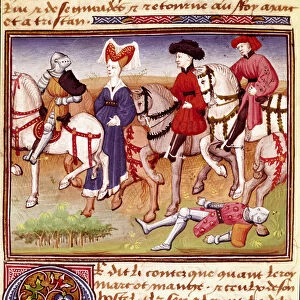 Queen Iseut (or Iseult) is a horse accompanied by Miniature riders drawn from "Romanesque du Chevalier Tristan"by Master Charles of Maine 1440-1460. Chantilly, Conde Museum