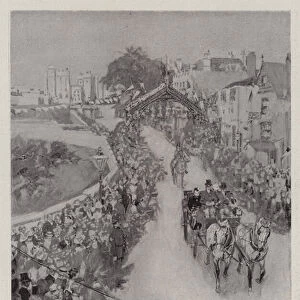 The Queens Eightieth Birthday, Her Majesty driving through the Triumphal Arch at Windsor (litho)