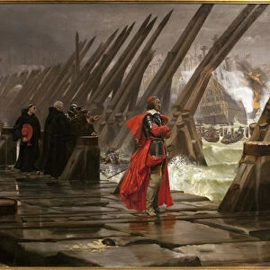 Richelieu on the dike of La Rochelle, painting by Henri Motte (1846-1922)