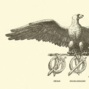 Roman imperial eagle carrying wreaths and swords of the emperors Julius Caesar, Charlemagne and Napoloeon I (engraving)