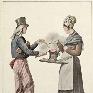 The Sausage Seller (coloured engraving)