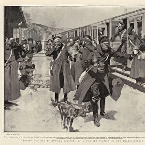 Serving out Tea to Russian Soldiers at a Wayside Station on the Transsiberian Railway (litho)