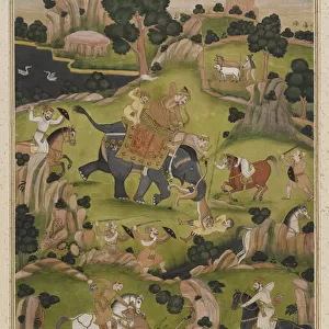 Shah Jahan hunting, detached album folio, c. 1900 (opaque watercolour and gold on paper)