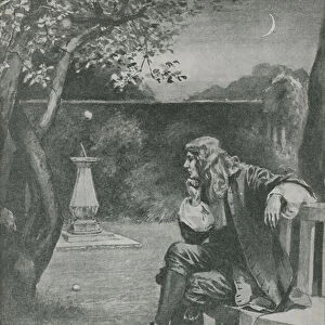 Sir Isaac Newton sees an apple fall (litho)