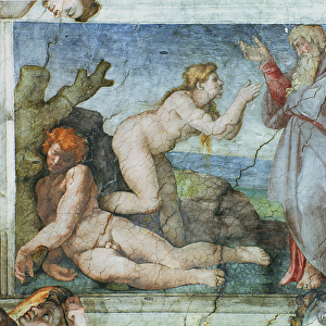 Sistine Chapel ceiling: Creation of eve, with four Ignudi, 1511 (fresco) (pre restoration)