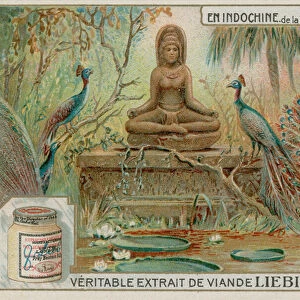 Statue of the Goddess Uma in a Forest with Peacocks (chromolitho)