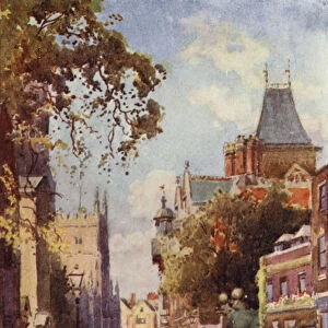 Trumpington Street from Peterhouse (colour litho)