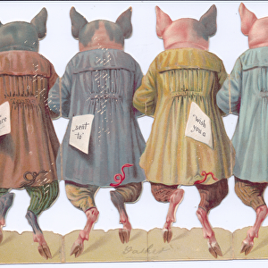 A Victorian die-cut shape Christmas card of four pigs wearing human clothes, c
