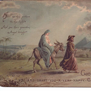 A Victorian hold-to-light Christmas Card of Mary and Jesus on a donkey being let by