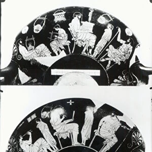 Two views of an attic red-figure cup depicting a school scene (pottery) (b / w photo)