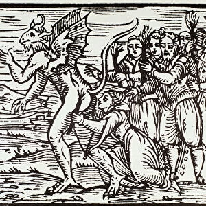 A witch kisses satan (Engraving, 1608)