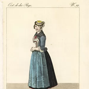 Young woman of Valais, Switzerland, 19th century, in traditional costume of fichu, laced bodice, petticoats and apron. Her straw hat is decorated with ribbons and worn above a muslin bonnet