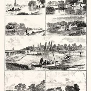 FISHING NOOKS ON THE THAMES, ENGRAVING 1876, UK, britain, british, europe, united kingdom