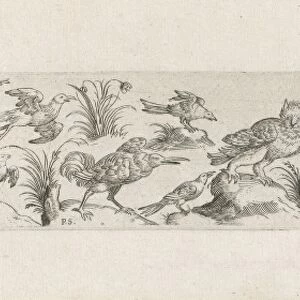 Frieze with eleven birds, at the left end of the frieze is a tree, print maker: Pieter