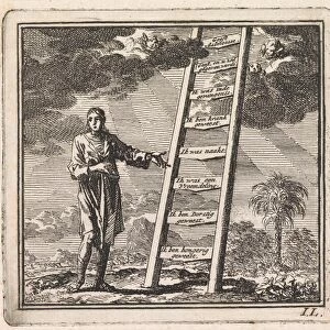 Man points to a ladder reaching to heaven, Jan Luyken, wed