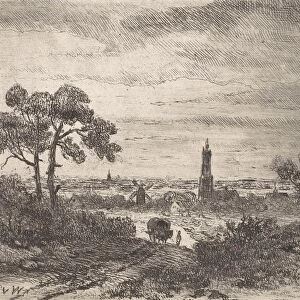 View of a city, Rhenen (?), With a church and a mill, leading a horse-drawn carriage