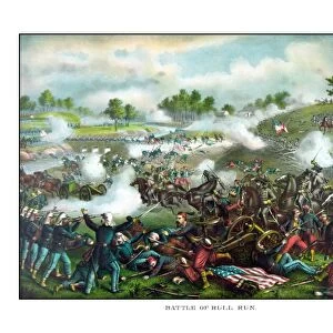 Civil War painting of Union and Confederate troops fighting at The Battle of Bull Run