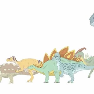 Pencil drawing illustrating various dinosaurs and their comparative sizes