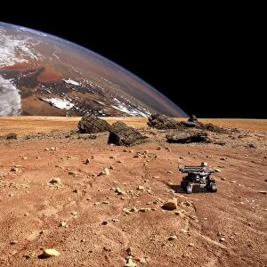 A robotic rover explores an alien world with a large planet at horizon