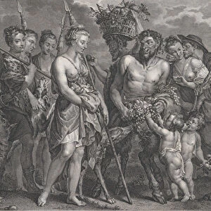 Diana returning from the chase, accompanied by dogs and her nymphs at left, two satyrs