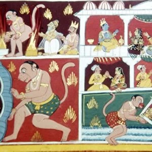 Hanuman, the Monkey-Demon, causing mischief among men, c1730